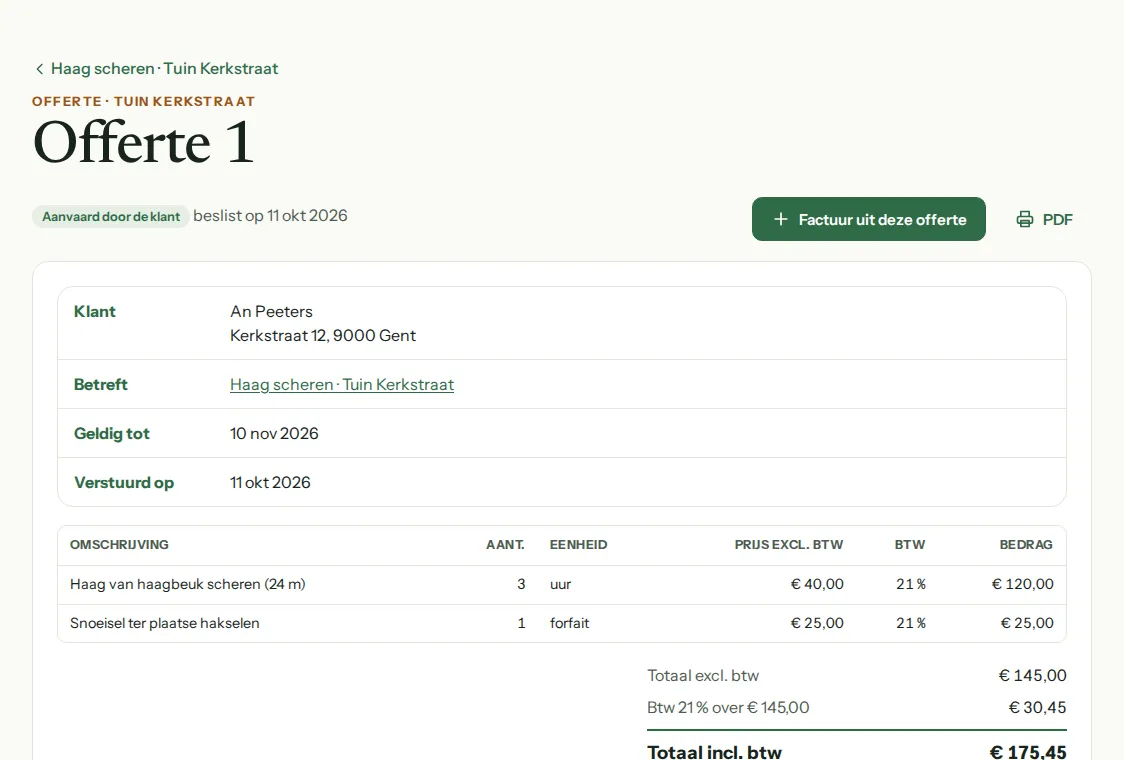 Een aanvaarde offerte voor het scheren van een haag, met de lijnen, de btw en het totaal.