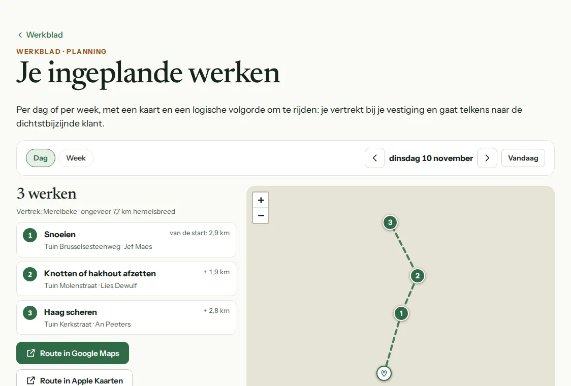 De dagplanning: drie werken bij klanten in de buurt, in volgorde, met de route op de kaart.