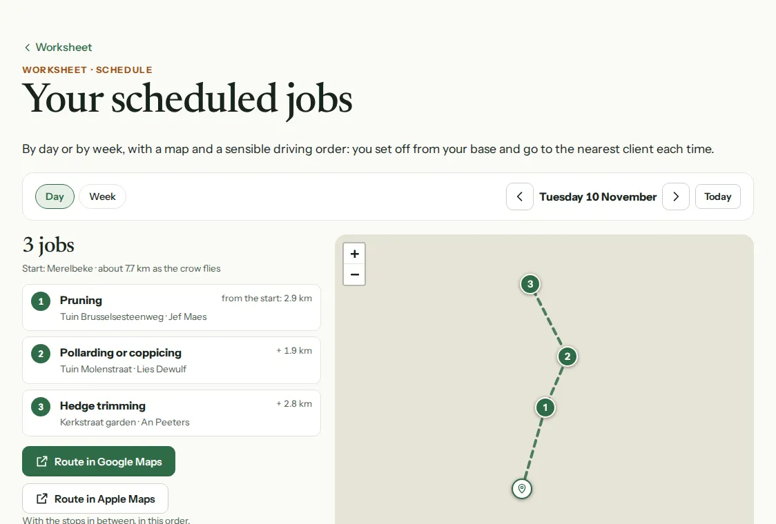 The day schedule: three jobs at nearby customers, in order, with the route on the map.
