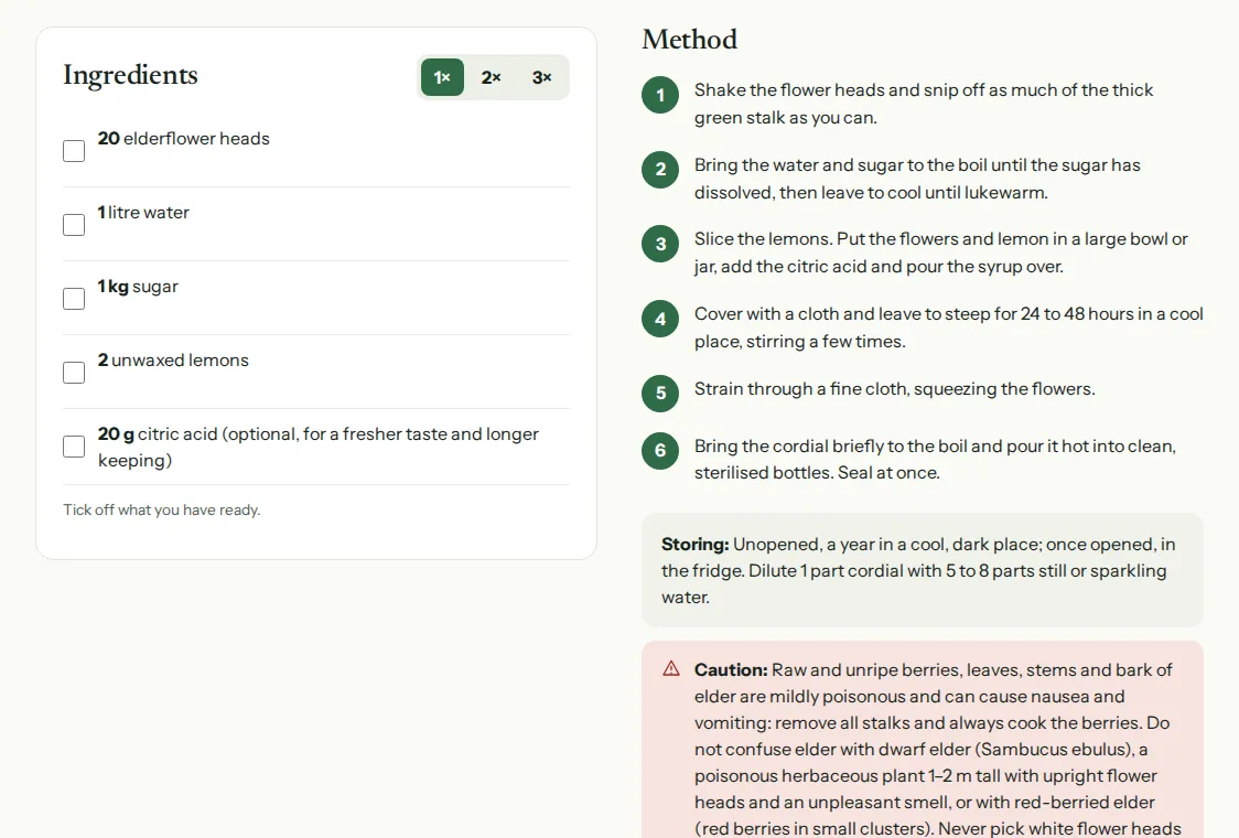 The elderflower cordial recipe: the ingredients to tick off and the method step by step.