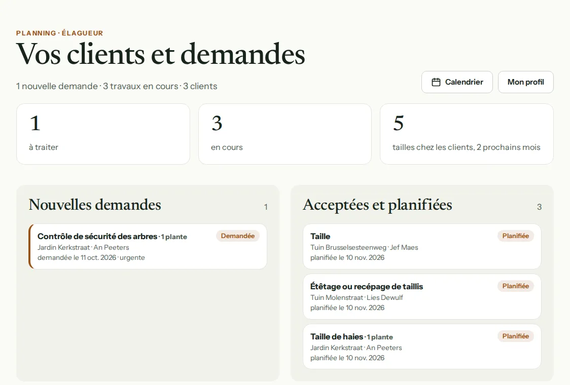 Le tableau de travail d’un élagueur : les nouvelles demandes, les travaux planifiés et les tailles à venir chez les clients.