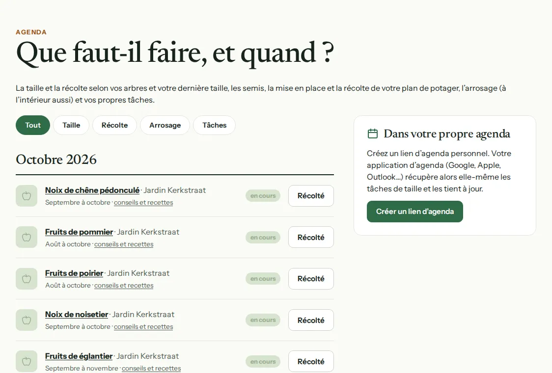L’agenda : ce qu’il y a à récolter et à tailler ce mois-ci, avec un bouton pour cocher.