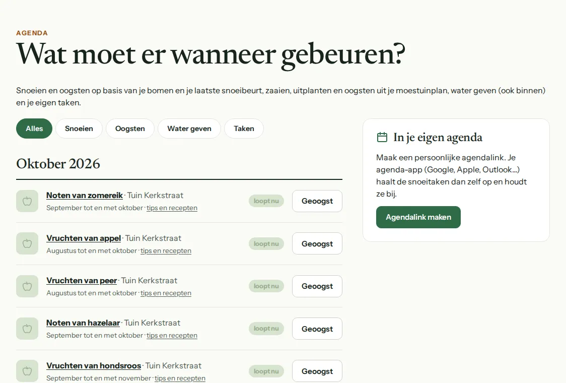 De agenda: wat er deze maand te oogsten en te snoeien is, met een knop om af te vinken.